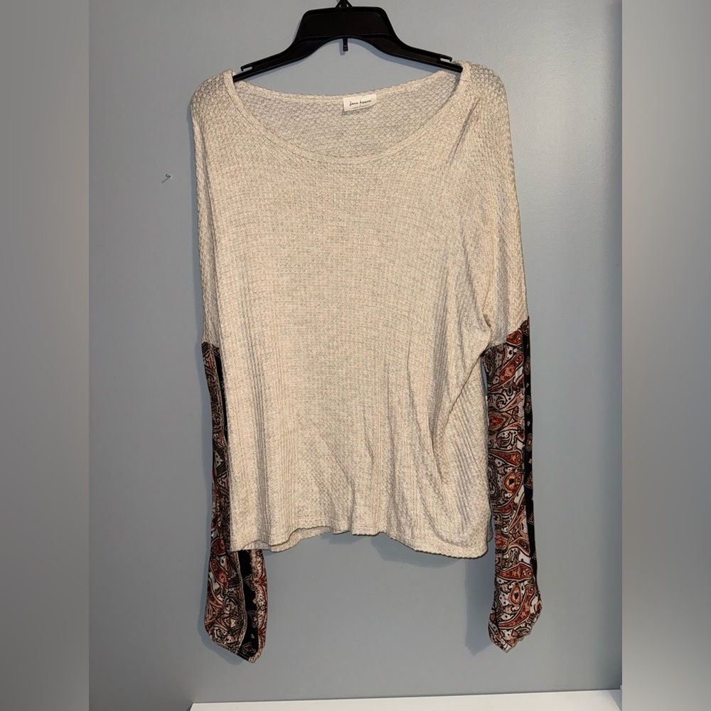 Free Kisses Beige Blouse with Patterned Statement Sleeves